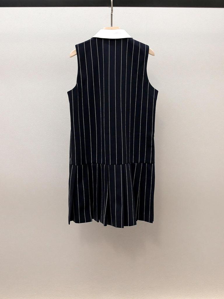 Autumn French Commuter Striped Sleeveless Pleated Dress with Turn-Down Collar