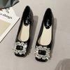 Square Buckle Rhinestone Thick Heel Single Shoes Women's New Patent Leather Square Head Shallow Mouth Shoes Medium Heel Commuter Shoes
