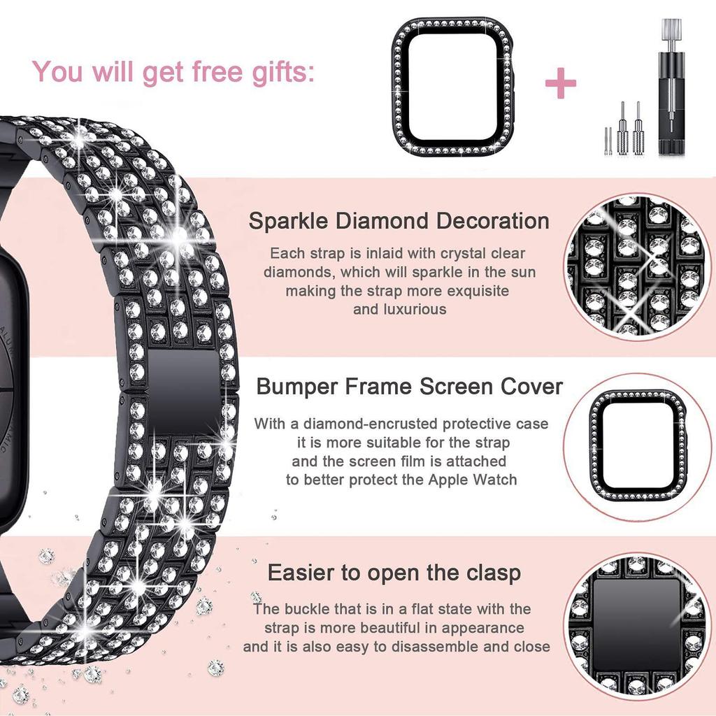 Diamantarmband för Apple Watch ultra 49mm 46mm 42mm 45mm 41mm klockarmband skyddsfodral för iWatch 10 9 8 7 6 se Metallarmband