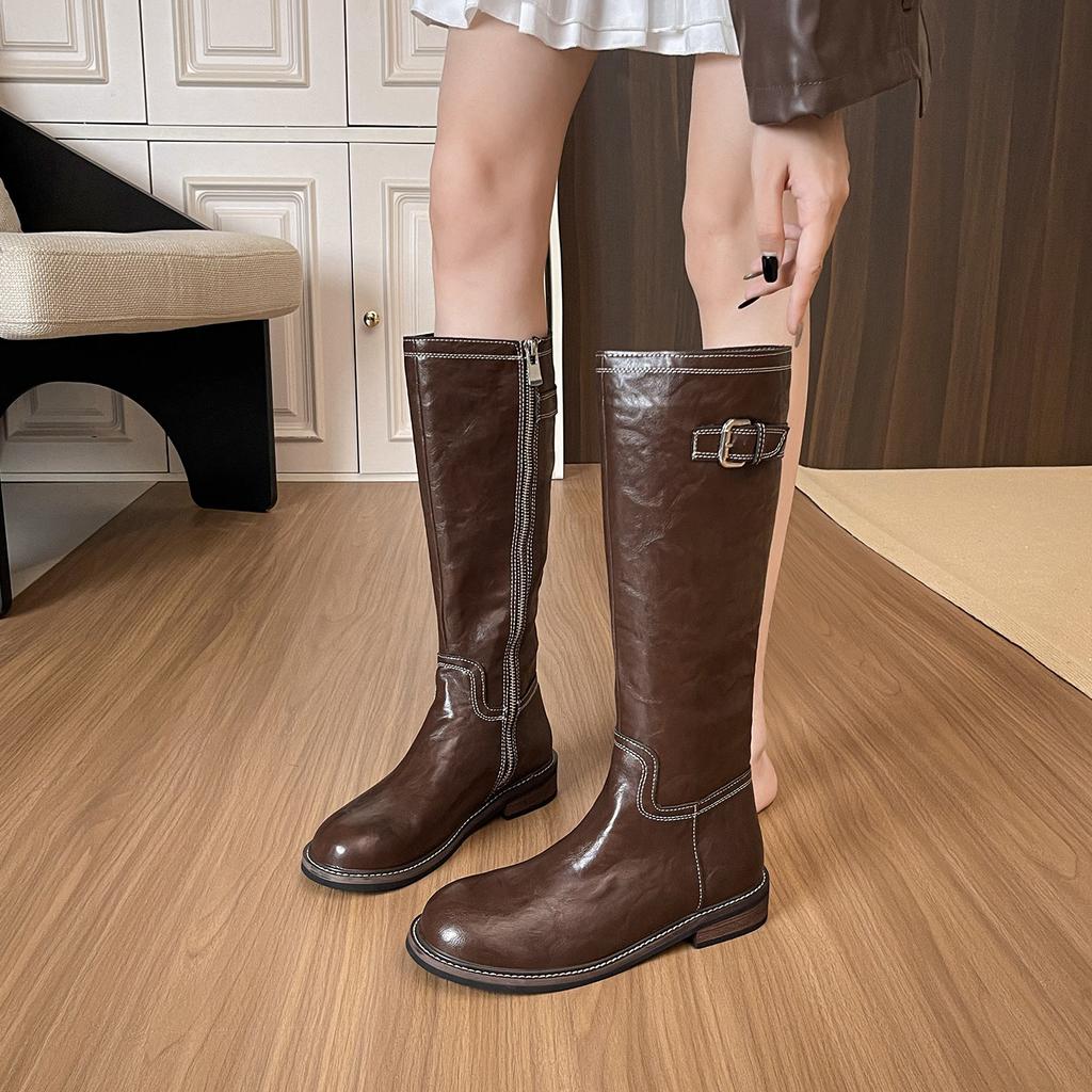 New Spot Washed Horse Leather~ Retro Thick-soled Knight Boots for Women, But Knee-thin Thick Heel Tall Boots Leather