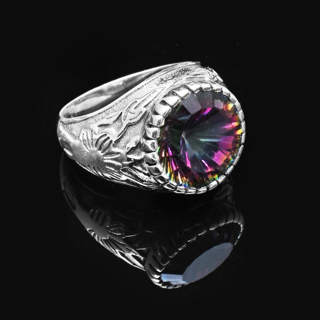 12 Mm Round Shape Mystic Topaz 925 Sterling Silver Classy Designer Shank Statement Ring For Unisex