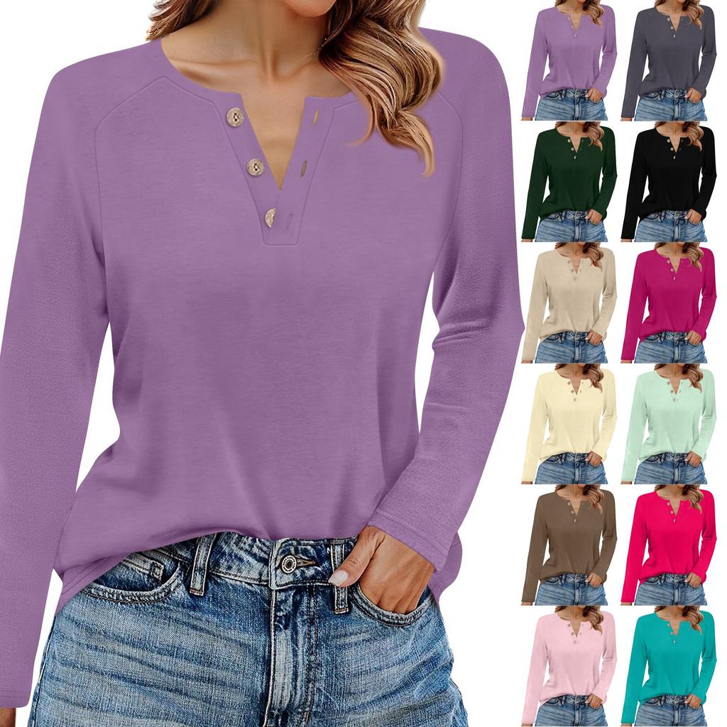 Dame T-skjorte Ensfarget Knapper Langermet Hverdag Weekend Mote Basic V-hals Normal Topp