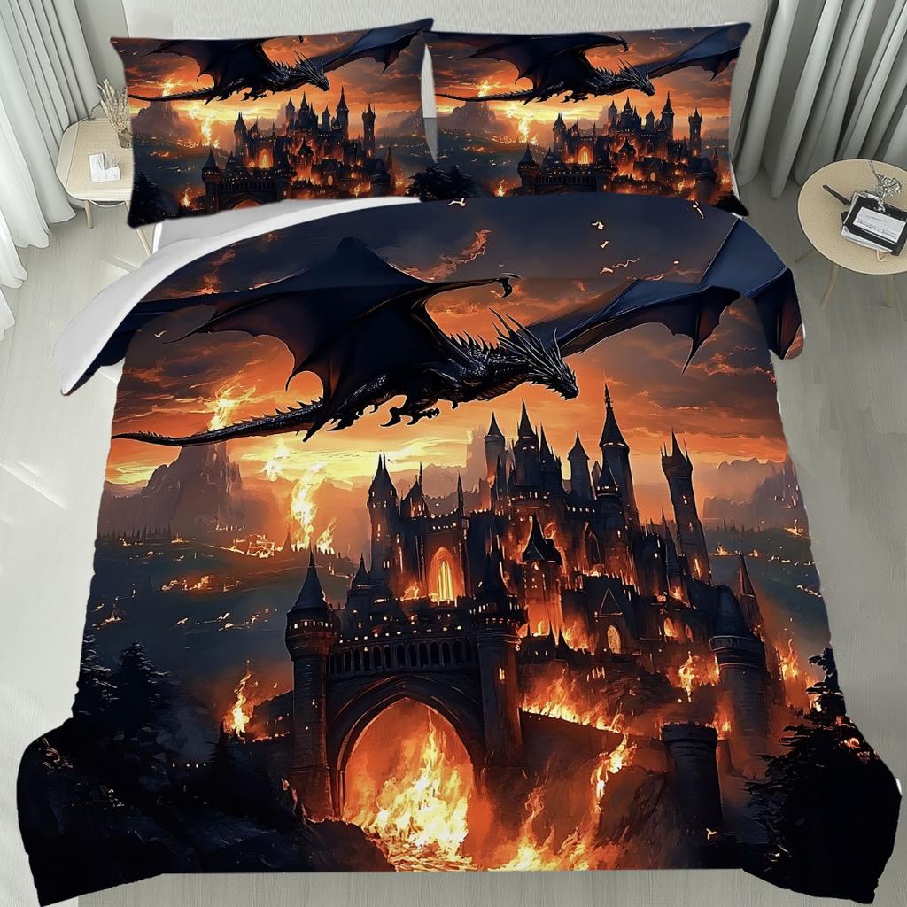 3pcs Spitfire Dragon Castle 3D Printed Bedding Set Comfortable Duvet Cover King Queen Twin Size Birthday Gift Bedroom Decoration