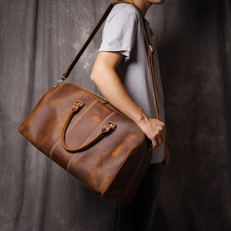 Leathfocus Men's Head Cowhide Travel Tote Crazy Horse Leather Crossbody Bag Women Camping Luggage Bag 14" Laptop Travel Bag