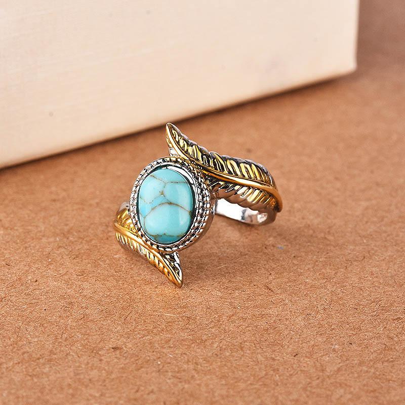 WOSIKATE Vintage Turquoise Feather Ring For Women CopperSeparate Color Gold Plated Party Ring Fashion Jewelry