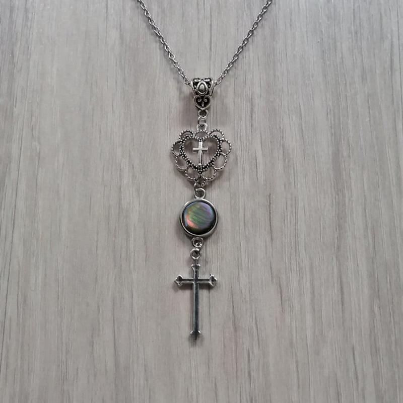 Gothic Cross Necklace Pendant With Agate Heart For Vintage Jewelry Enthusiasts