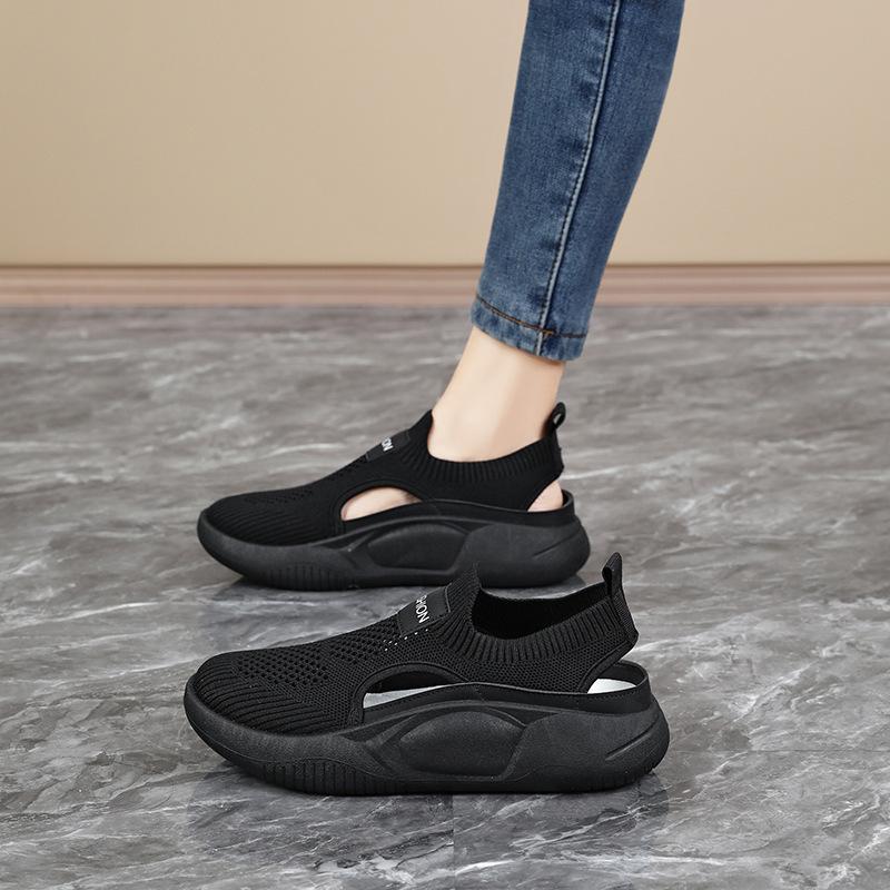 

Women s Breathable Hollow-out Knit Sandals Lightweight Slip-on Casual Shoes Comfortable Summer Footwear 34 чёрный
