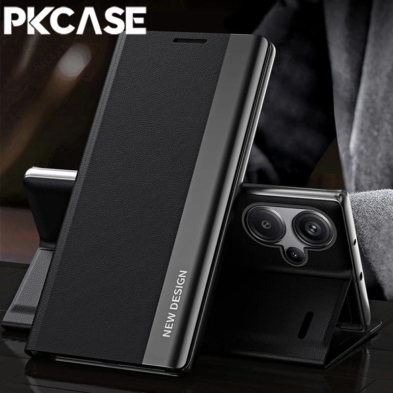 PKCASE Magnetic Flip Leather Phone Case for Redmi Note 14 Pro Plus Shockproof Cover for Redmi 14C 14R Redmi Note 14 Pro+ 5G (Global) чёрный