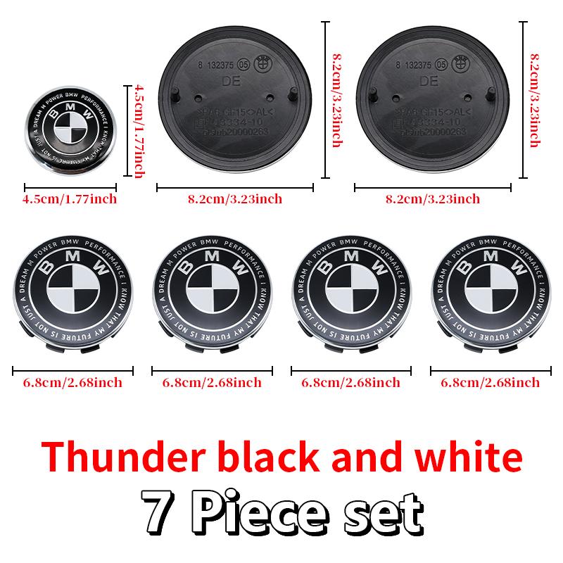Competition Black White Emblem Set for BMW Hood Trunk Wheel Steering Badge 7Pcs 74m 82mm 68mm 56mm Universal 2-Pin 3-Pin Clips