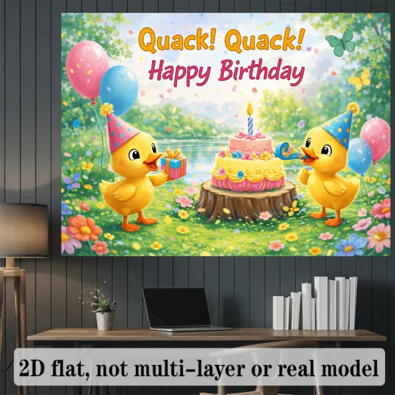 2D Zeichentrickente Kuchen & Geschenk Frühlingsgarten Geburtstag Fotografie Hintergrund