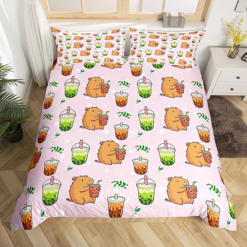 Cartoon Milk Tea Duvet Cover for Kids Teens Lightweight Quilt Covers Bedroom Decor Afternoon Tea Themed Bedspread Cover No Quilt