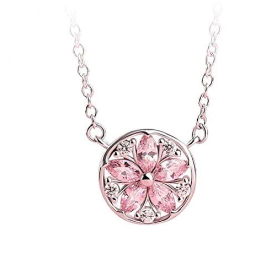 

[Univarc Brand] Silver Sterling Silver Cherry Blossom Necklace, Jewelry Cloth, Pouch, Bag, and Warranty Card - Luxurious 5-Piece Set Zirconia Pink