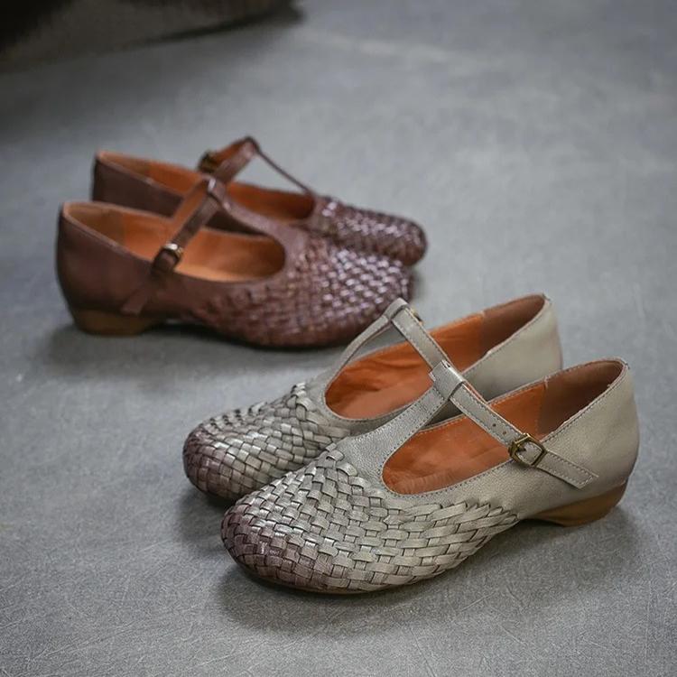 Johnature Genuine Leather Woven Shallow Mary Jane Shoes Retro Low Heeled Women's Shoes