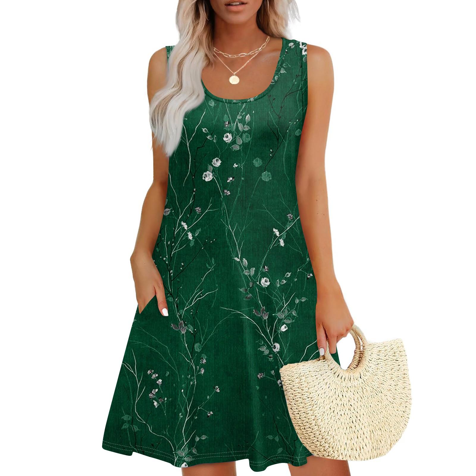 Women s Summer Casual Square Neck Floral Print Dress Sleeveless Dress With Pockets L