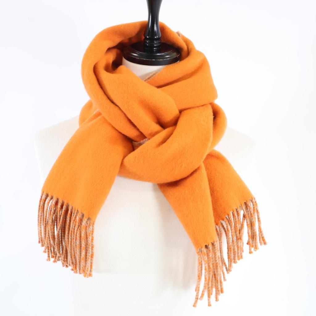 Hermes Embroidered Logo, Cashmere, Fringe Scarf Orange / beigeUsed