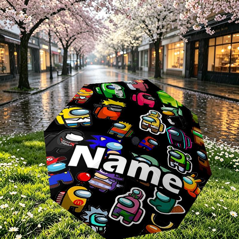 Custom Name Personalized Among Us Print Umbrella, Auto Open Close, 8‑Rib Sturdy Frame, Commute Camping Hiking Use, Birthday Gift