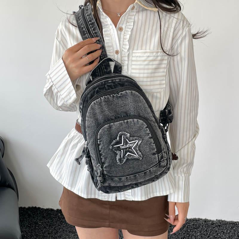 Bolso de Pecho de Mezclilla Gran Capacidad Bolso Cruzado para Mujer Viajero Múltiples Compartimentos Mochila de Estrella de Cinco Puntas