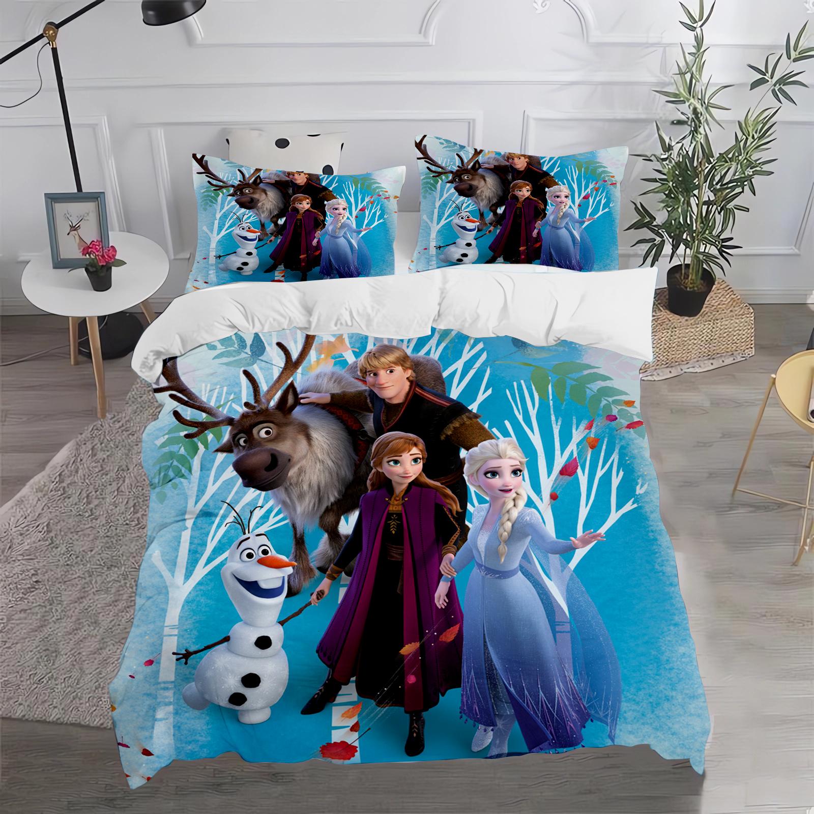 Bevroren Cartoon Dekbedovertrek Schattige Bedrukte Dekbed 100% Polyester Beddengoed Anime Dekbed Eenpersoonsmaat Kindercadeau Diverse Maten EU Single(135*200cm)3pcs