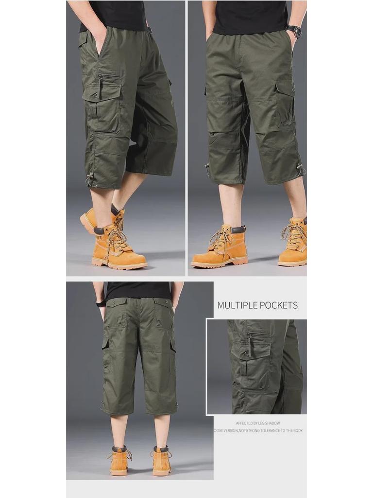 Shorts Casuais de Verão Masculinos de Corte Solto com Vários Bolsos e Comprimento Médio