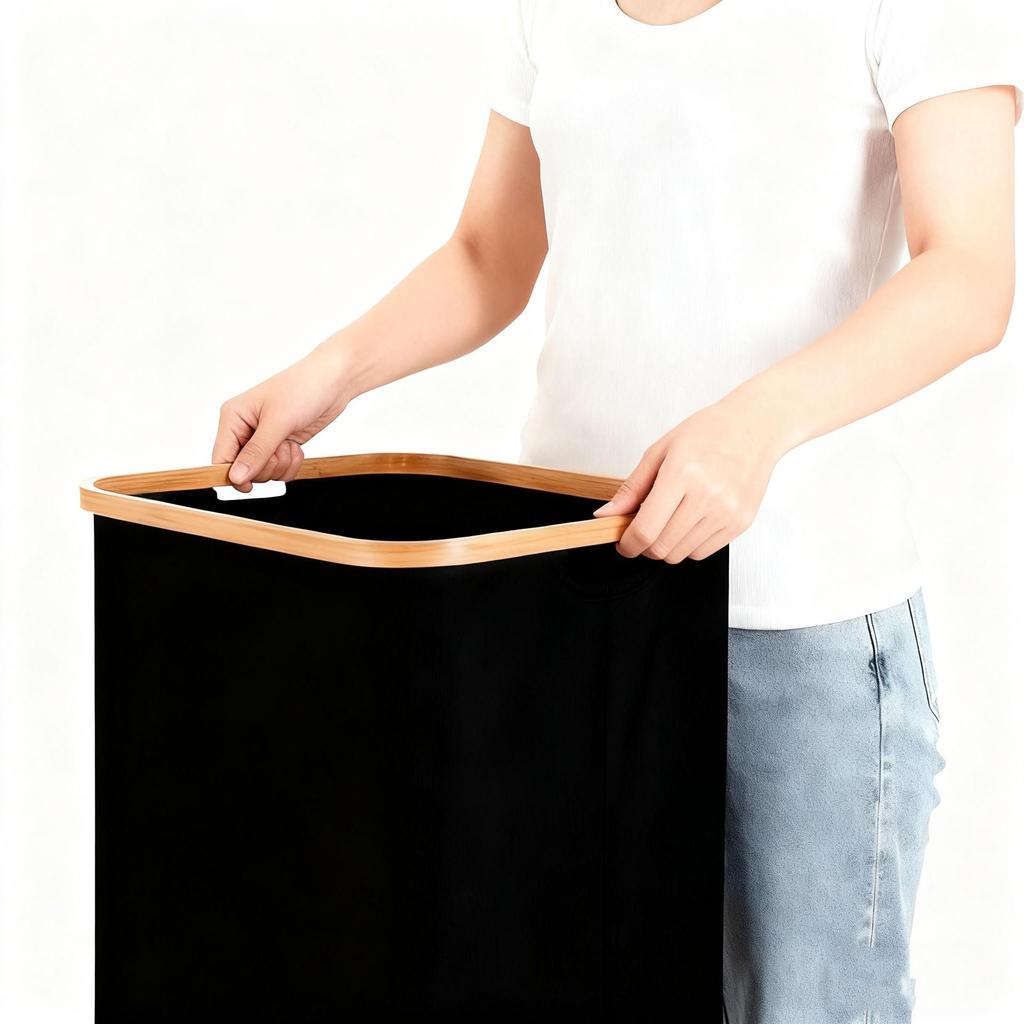 Bamboo Frame Oxford Cloth Folding Laundry Basket with Inner Bag.