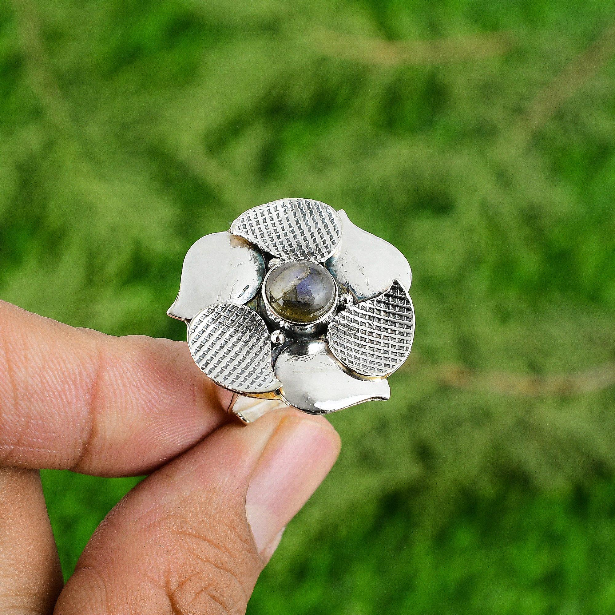 

Mothers day Deal Labradorite Gemstone 925 Silver Solitaire Flower Birthday Ring Adjustable