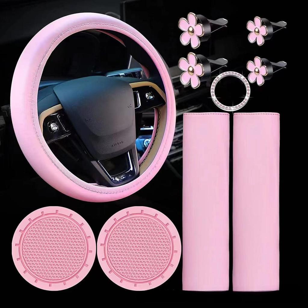 10Pcs Car Accessories Set Steering Wheel Cover Safety Shoulder Clip Cup Holder Start Button Clip Air Vent Flower Decor Covers