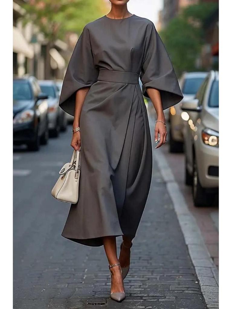 2025 Women's Elegant Waist-Hugging Long Dress with Batwing Sleeves