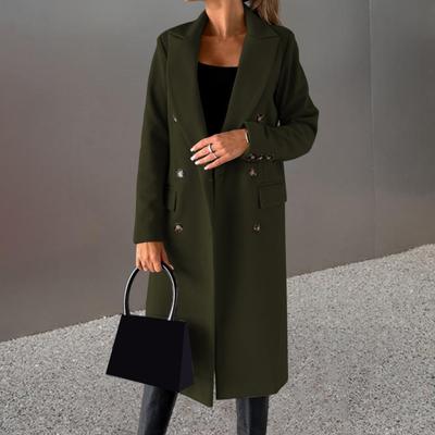 Women Woolen Jacket Turn-down Collar Solid Color Double-breasted Coat Mid Length Thermal Long Sleeved Commuting Dating Spring Fall Winter Overcoat
