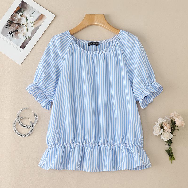 

ZANZEA Women Casual Round Neck Short Sleeve Loose Stripe Blouse S синий