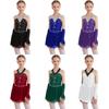 Kids Girls Ice Skating Performance One-Piece: Sleeveless Patchwork Sparkling Dress with Built-In Briefs & Matching Fingerless Gloves