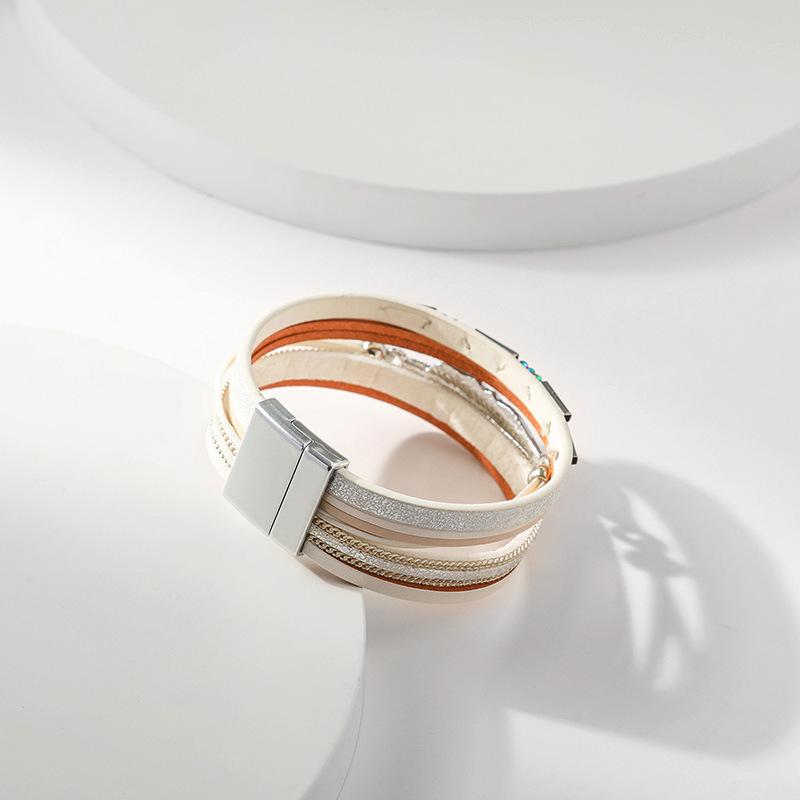 Bohemian Style Multi-layer PU Leather Bracelet Women's Leaf Magnet Buckle Jewelry Accessories