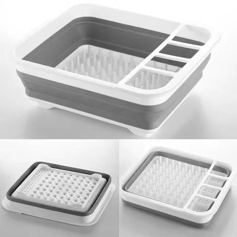 

New Kitchen Foldable Dish Rack Storage Water Leakage Tableware Bowl Dinnerware Drain Bowl Tray Home Drying Rack Washable Plastic