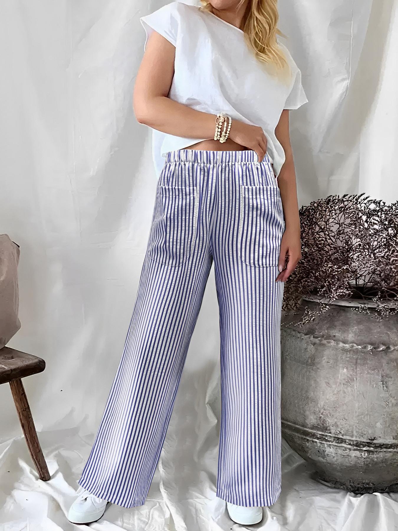 

2026 Autumn Winter Women s Striped Wide-Leg Pants with Pockets - Fashionable and Casual Style XXL синий