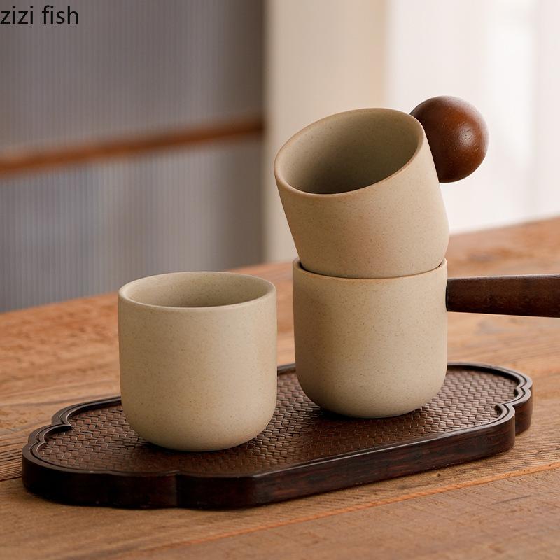 Ceramic Coffee Cup Wooden Handle with Disc Clay Espresso Cups Water Cup Breakfast Cups Teacup Milk Mug Flower Tea Mug Juice Mugs