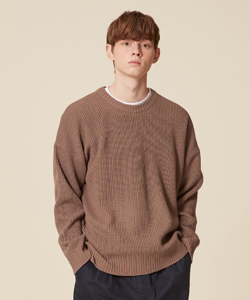 BLOND9 Crew Neck Rib Knit Sweater_Brown