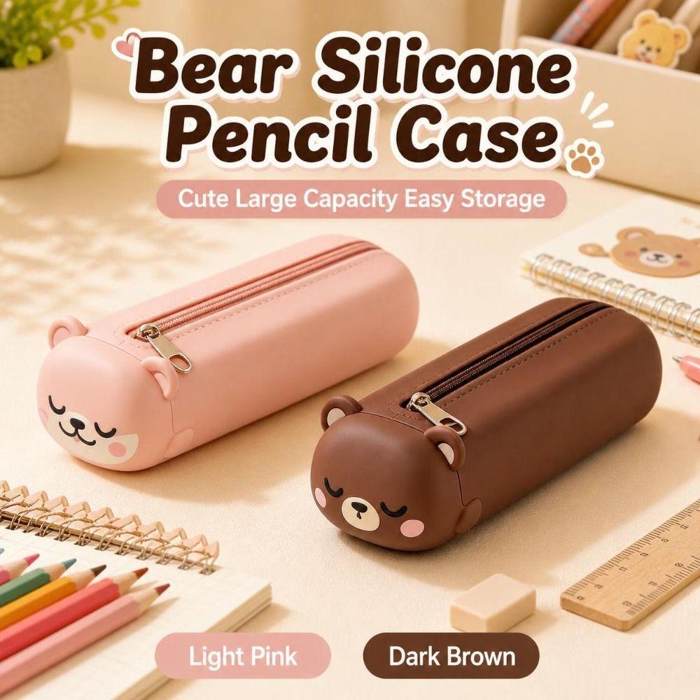 Zippered Bear Pencil Case Silicone Kids Stationery Bag NEW Pencil Pouch School Students