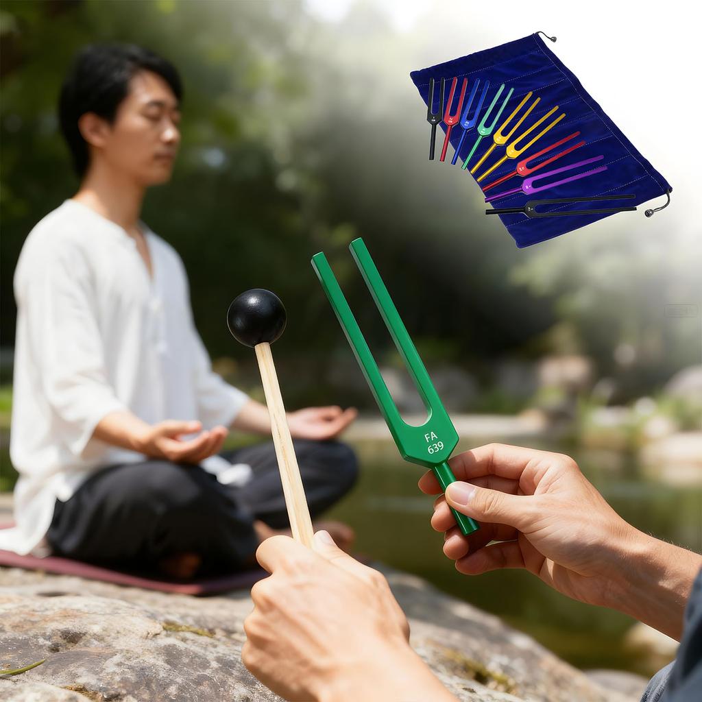 Isabally Tuning Fork Crystal Aluminum with Hammer for Chakra and 9-Piece Set Tuners, Alloy, & Base, Balancing, Therapy, Cleansing.