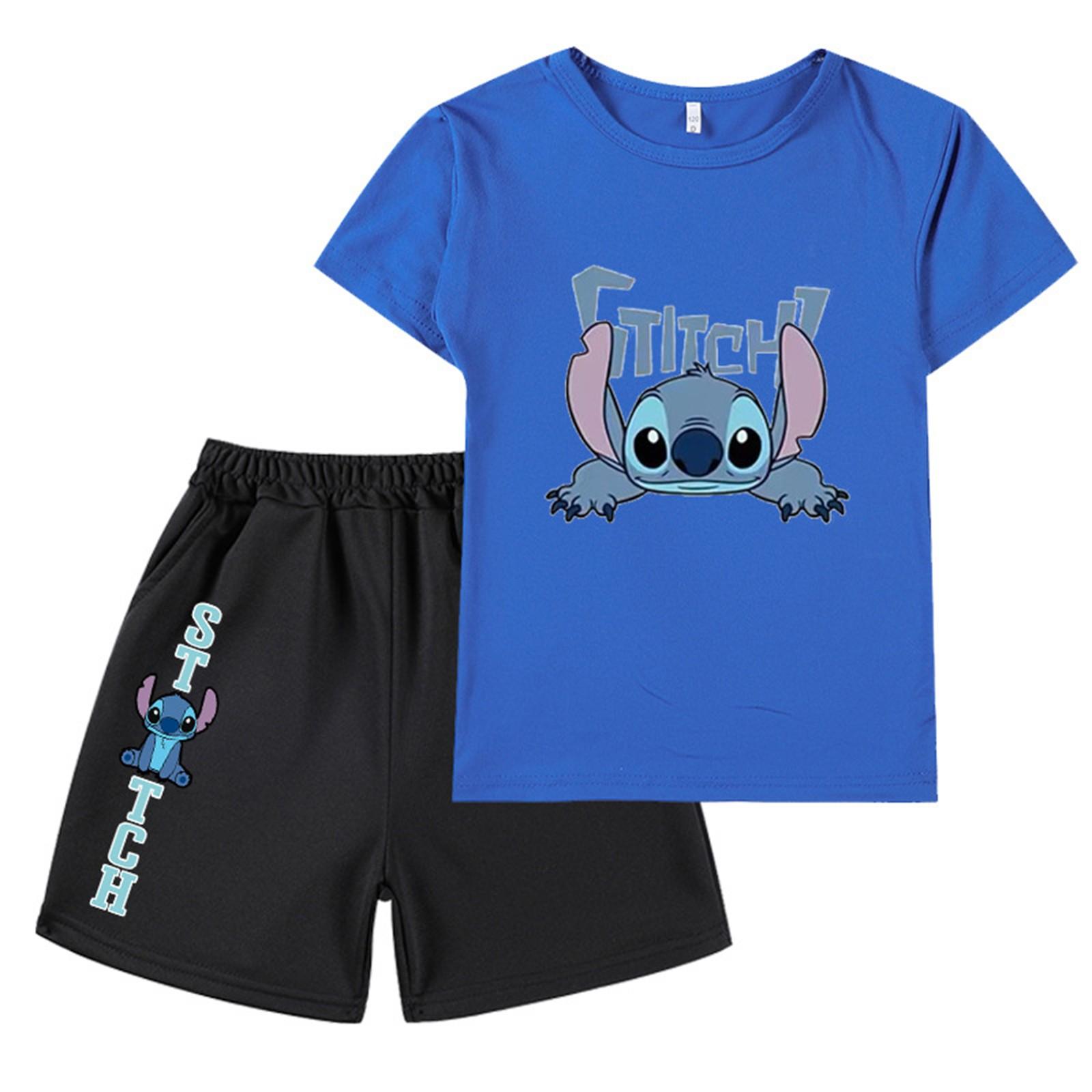 Children s Casual Round Neck Printed Suit Short Sleeve Shorts Two Piece Suit 140 синий