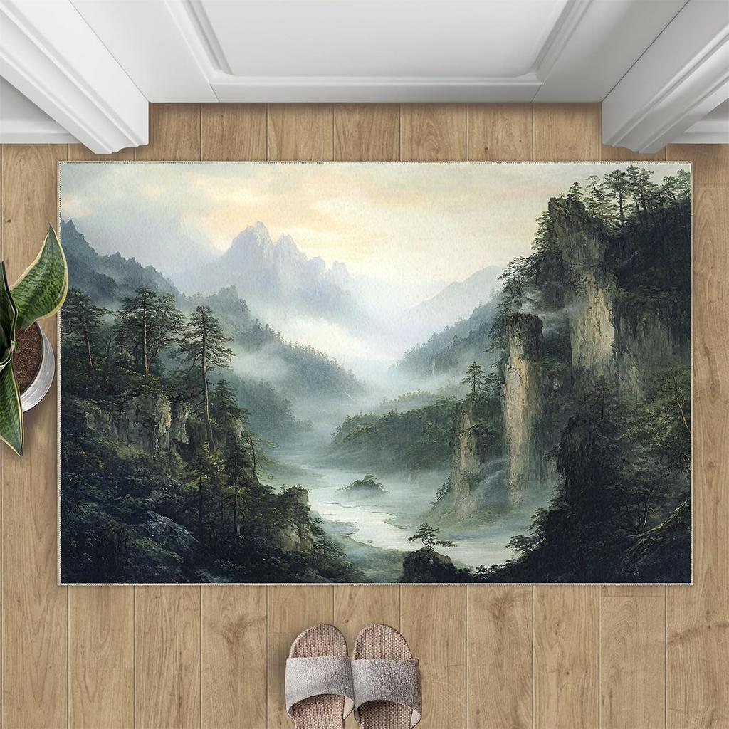 Natural Forest Waterfall Print Door Mat Rectangular Non-Slip Entrance Rug Entryway Living Room Bedroom Kitchen Decor Carpet