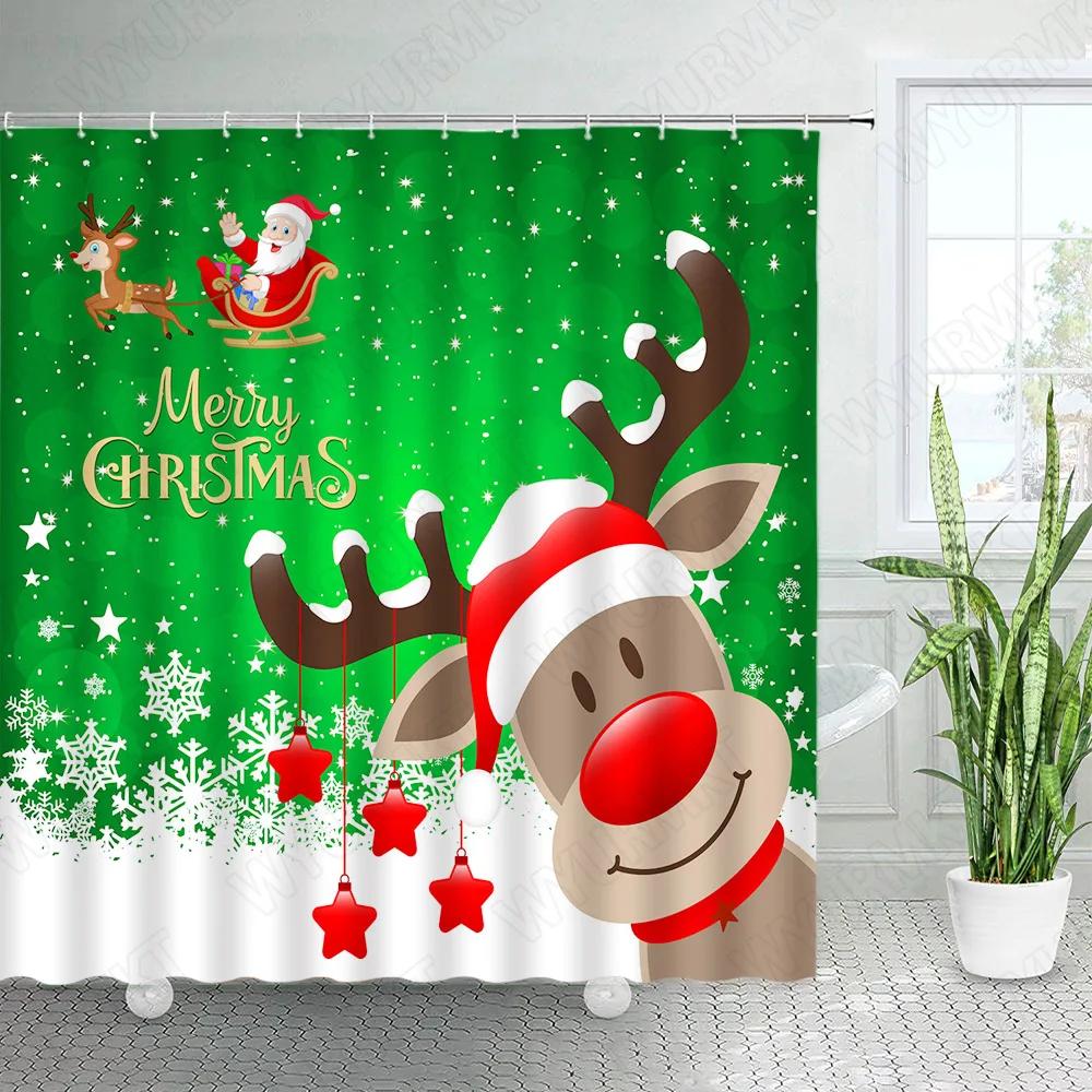 Cartoon Christmas Shower Curtains Funny Reindeer Santa Clause Snowflake Star Red New Year Xmas Fabric Home Bathroom Decor Sets