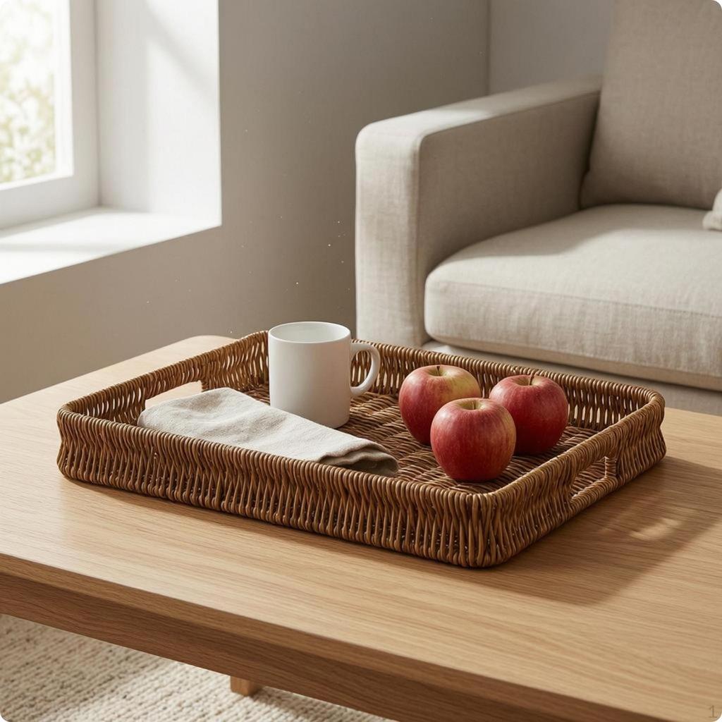 Handwoven Tray Basket Handle Cutouts Wicker Shallow Home Storage Light Coffee L