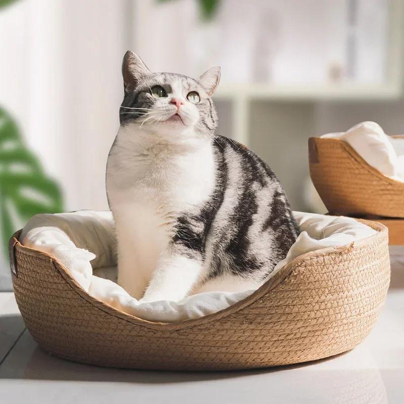 OUZEY Handgefertigtes Rattanflechten Haustier Katzenbett Bequemes Schlafen Atmungsaktive Katzenkörbe Große Kapazität Kätzchen Welpe Nest Kissen