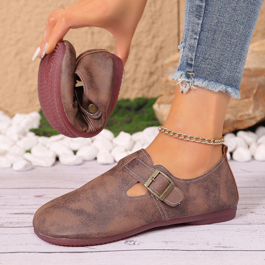 Retro flat-bottomed belt buckle low-top single shoes women's new one-pedal lazy loafers Doudou shoes 2025