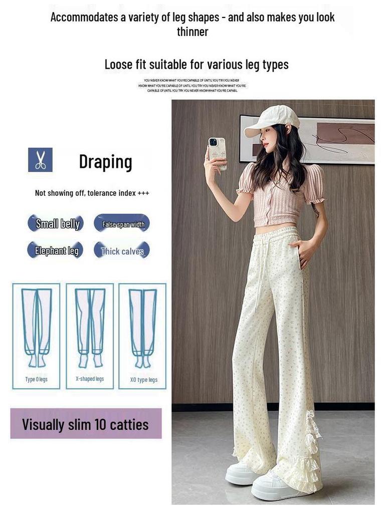 Lace Bow Floral High-Waisted Wide-Leg Summer 2026 Women's Casual Pants
