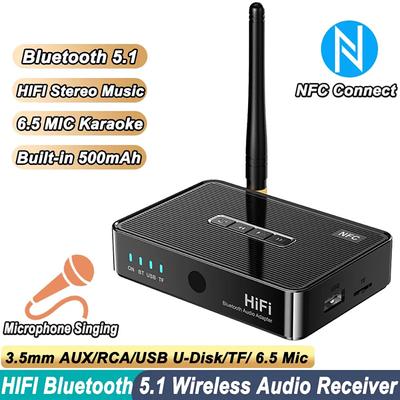 Bluetooth 5.1-Empfänger NFC 3,5-mm-Buchse Drahtloser Audioadapter 6,5-mm-Mikrofon Karaoke-Stereomusikunterstützung U-Disk TF für PC-Autolautsprecher