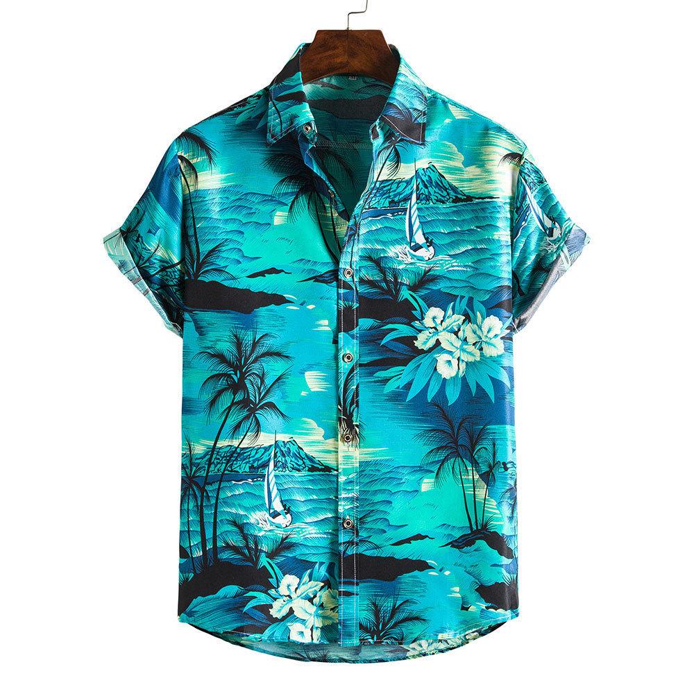 Spring and Summer Men's Beach Shirt Hawaiian Short Sleeve Flower Shirt Men's