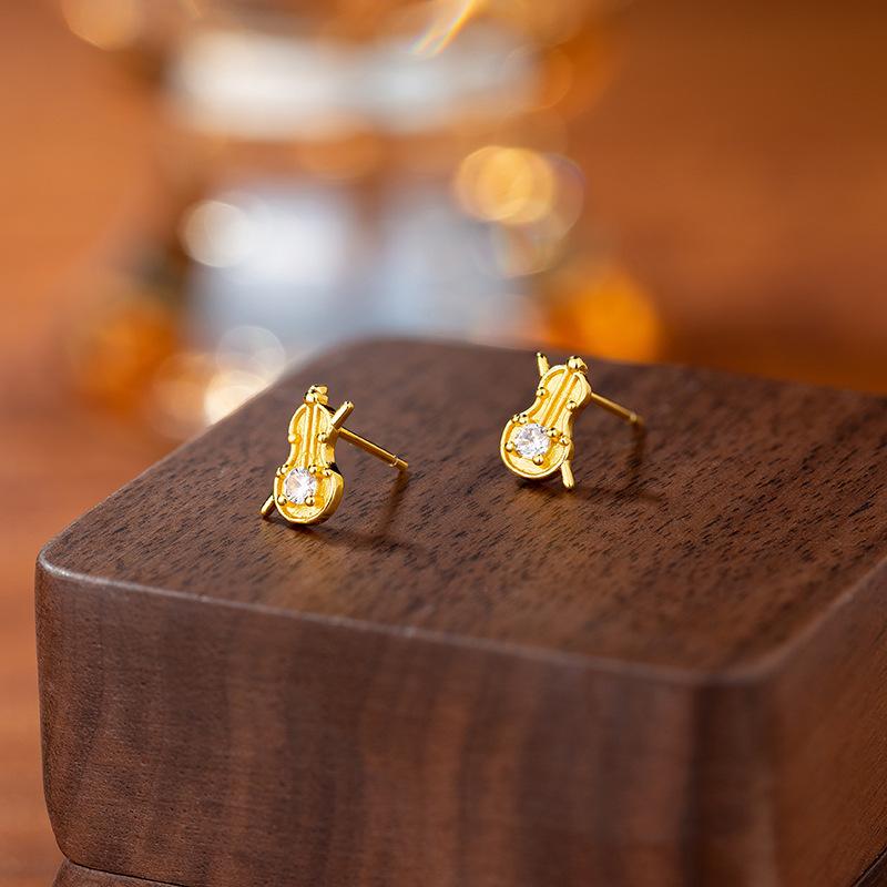 French Light Luxury Violin Stud Earrings Femininity Niche Design Sense Zircon Music Notes