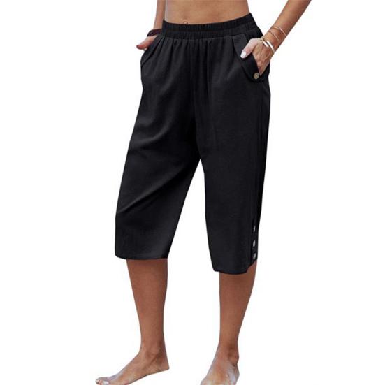 Women Cropped Pants Elastic Waist Pocket Straight Wide Leg Solid Color Daily Wear Thin High Waist Women Trousers Female Clothes
