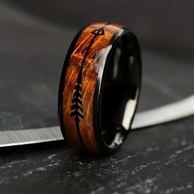 8mm Men Stainless Steel Rings, Rose Gold Color Brushed Koa Wood And Arrow Rings for Men, Wedding Jewelry Christams Gift