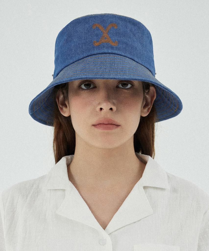 Bajal Va Curved Denim Stitch Detail Bucket Hat Light Indigo